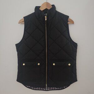 J. Crew Women Vest Puffer Black Jacket Size S Quilt Front Gold Snap Pocket Check